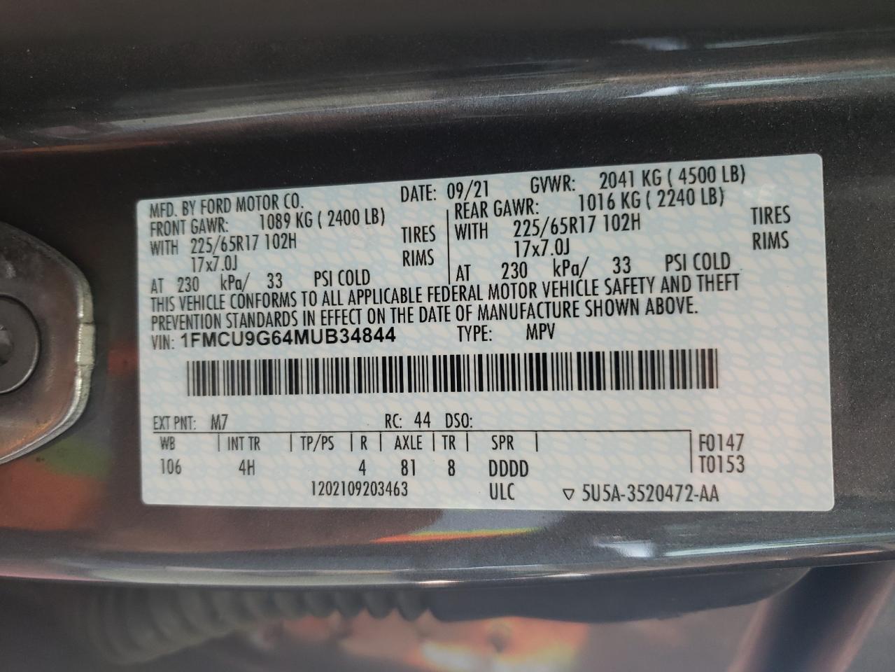 1FMCU9G64MUB34844 2021 Ford Escape Se