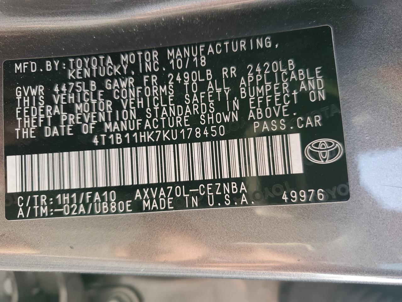 4T1B11HK7KU178450 2019 Toyota Camry L