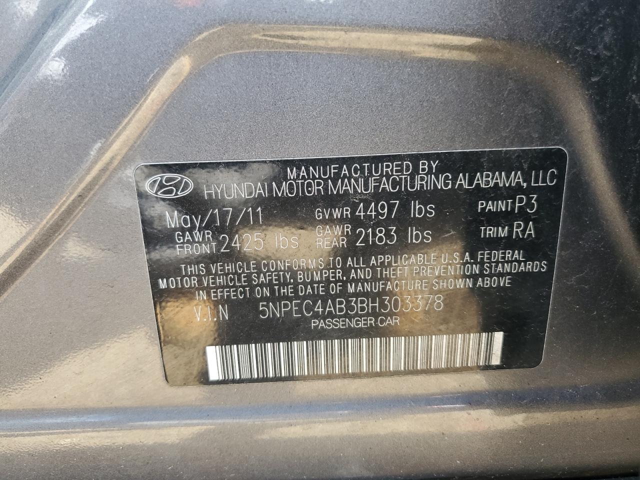 5NPEC4AB3BH303378 2011 Hyundai Sonata Se