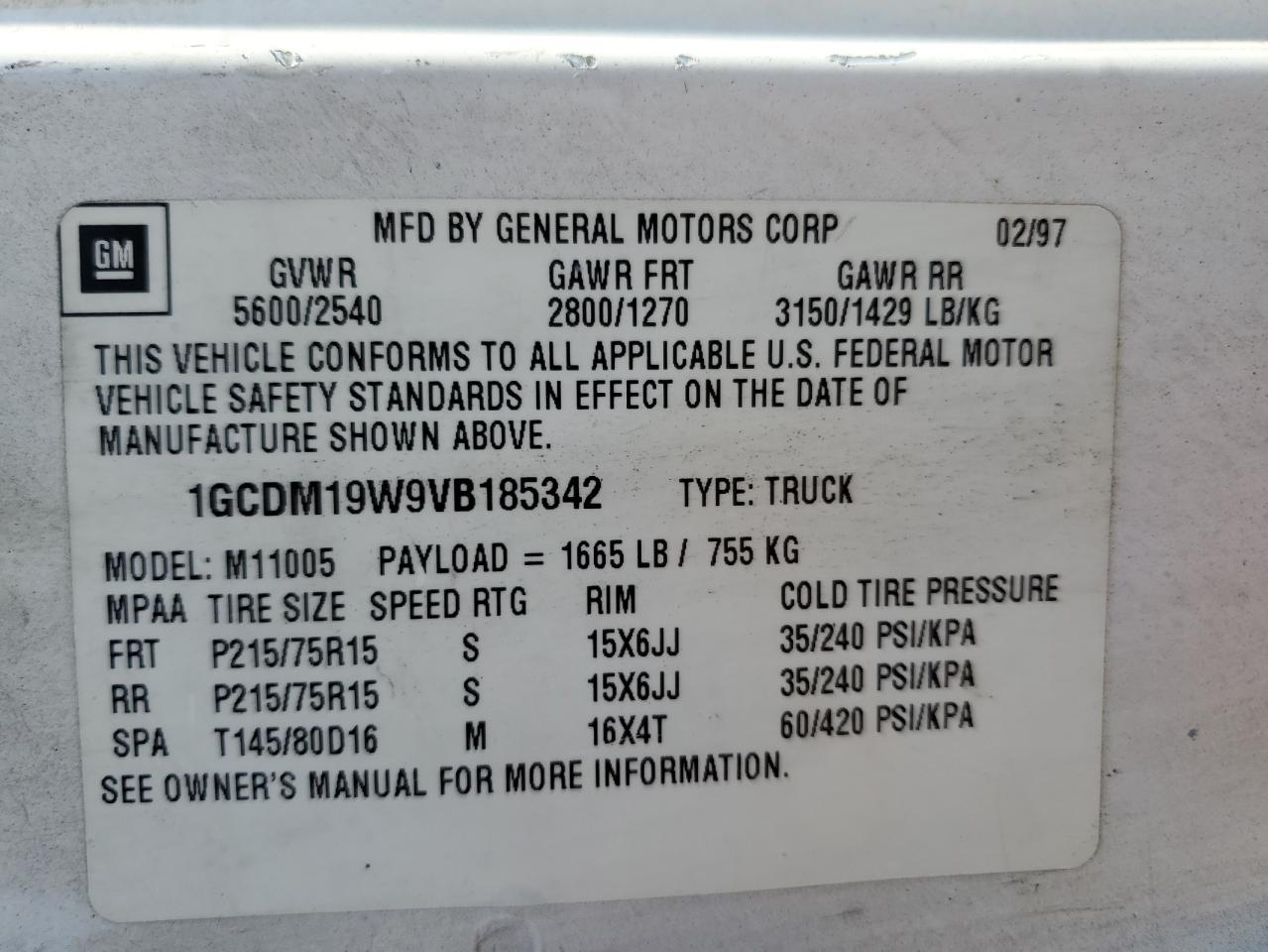 1GCDM19W9VB185342 1997 Chevrolet Astro