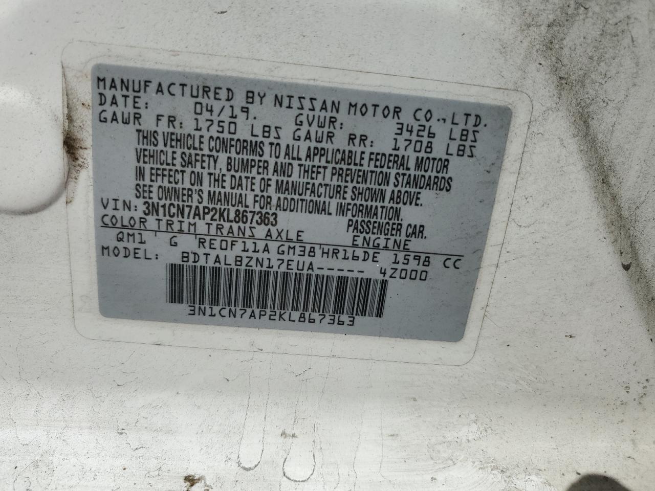 VIN 3N1CN7AP2KL867363 2019 NISSAN VERSA no.12