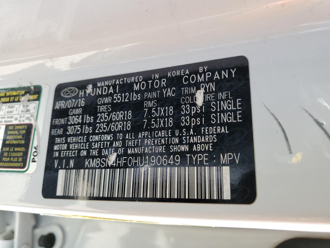 KM8SN4HF0HU190649 2017 Hyundai Santa Fe Se