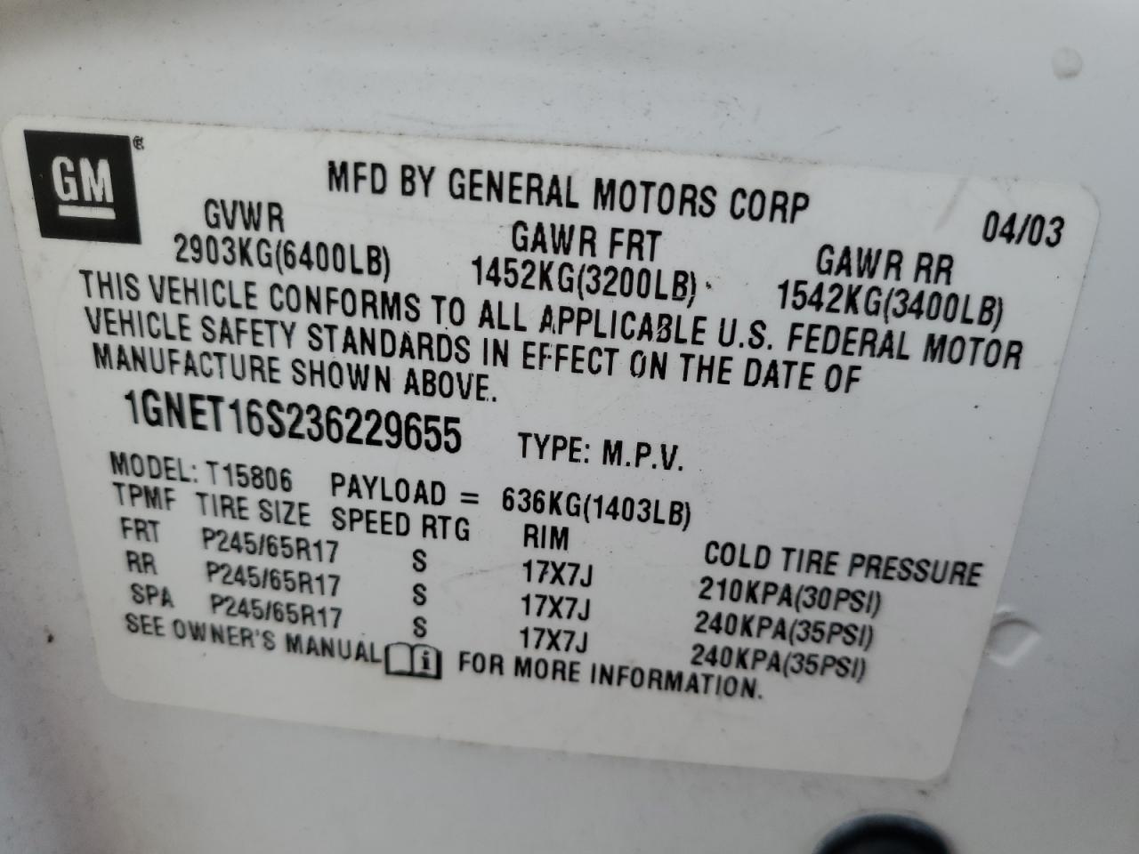 2003 Chevrolet Trailblazer Ext VIN: 1GNET16S236229655 Lot: 89015885