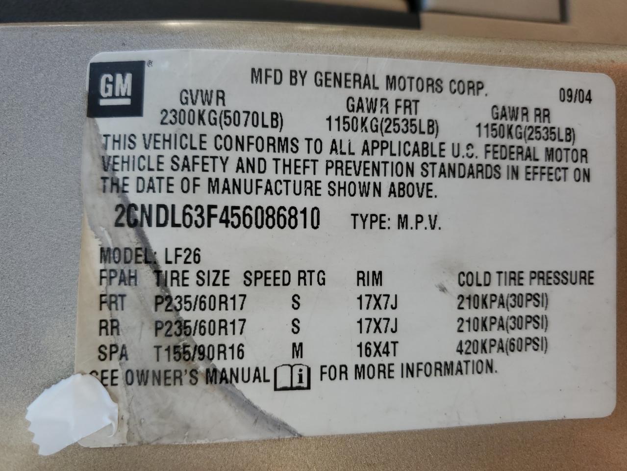 2CNDL63F456086810 2005 Chevrolet Equinox Lt