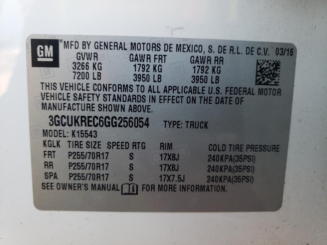 3GCUKREC6GG256054 2016 Chevrolet Silverado K1500 Lt