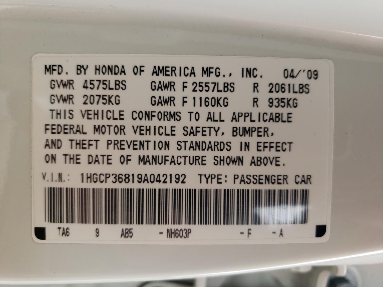 1HGCP36819A042192 2009 Honda Accord Exl