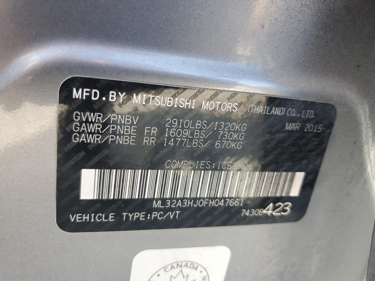 ML32A3HJ0FH047661 2015 Mitsubishi Mirage De