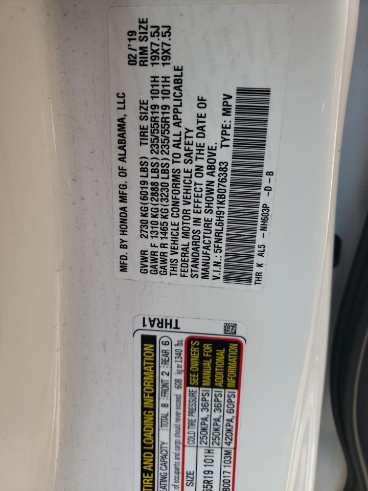 5FNRL6H91KB076383 2019 Honda Odyssey Elite