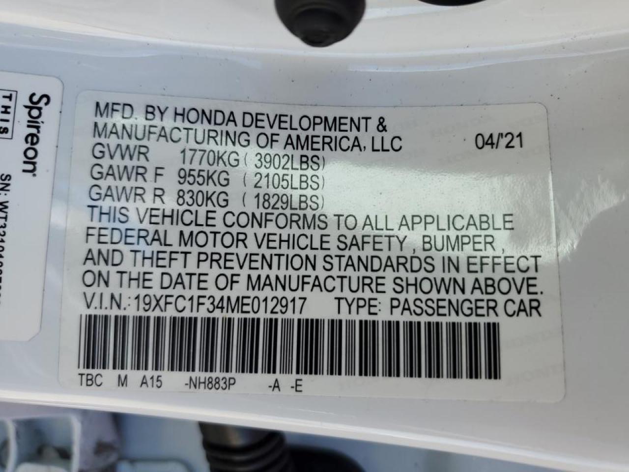 19XFC1F34ME012917 2021 Honda Civic Ex