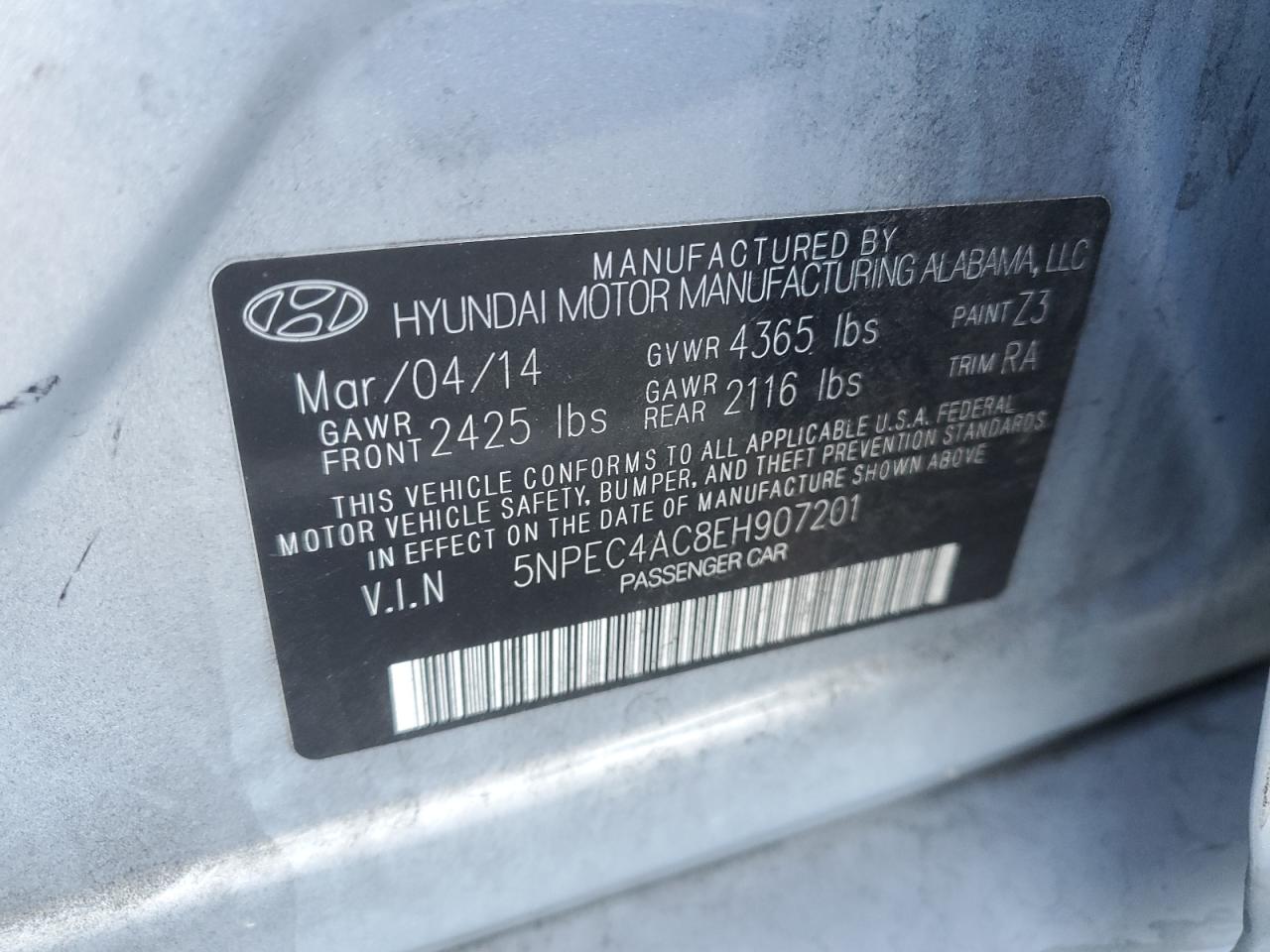 5NPEC4AC8EH907201 2014 Hyundai Sonata Se