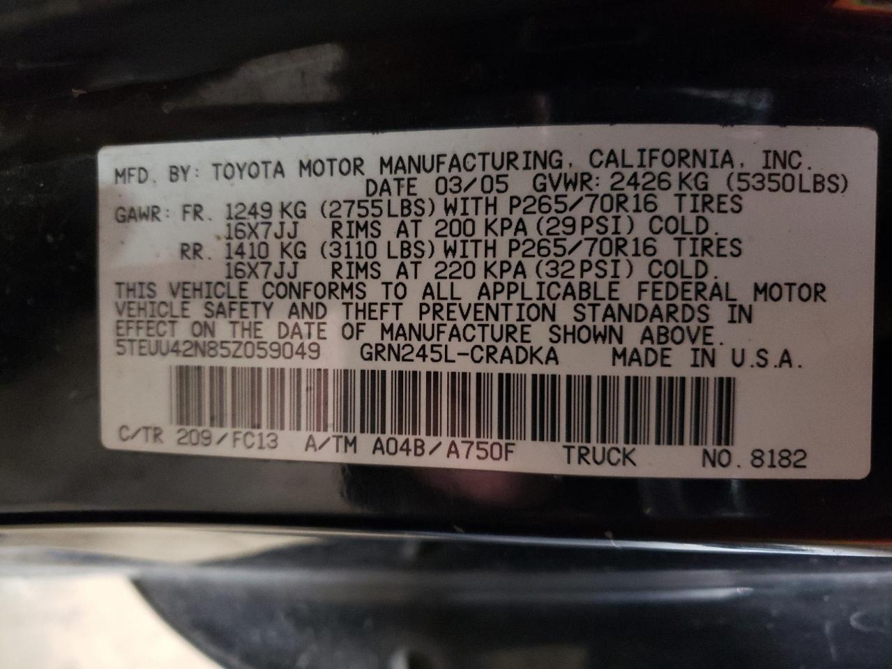 5TEUU42N85Z059049 2005 Toyota Tacoma Access Cab