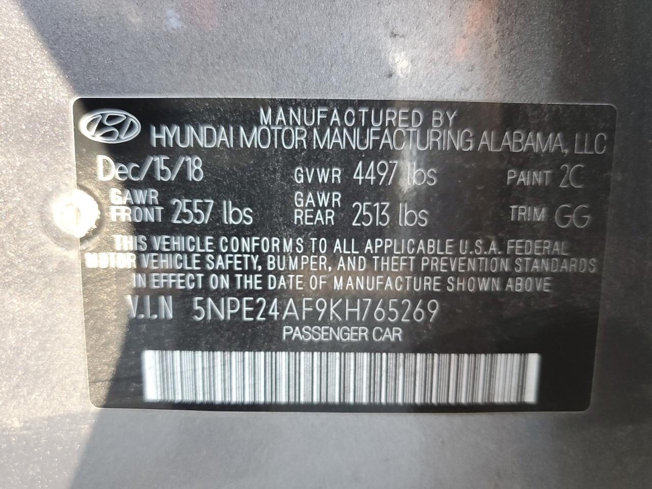 5NPE24AF9KH765269 2019 Hyundai Sonata Se