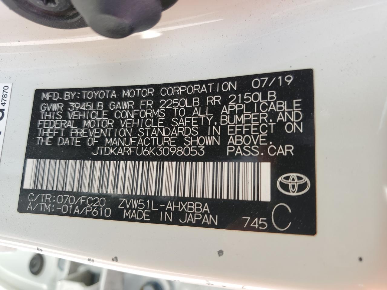 JTDKARFU6K3098053 2019 Toyota Prius