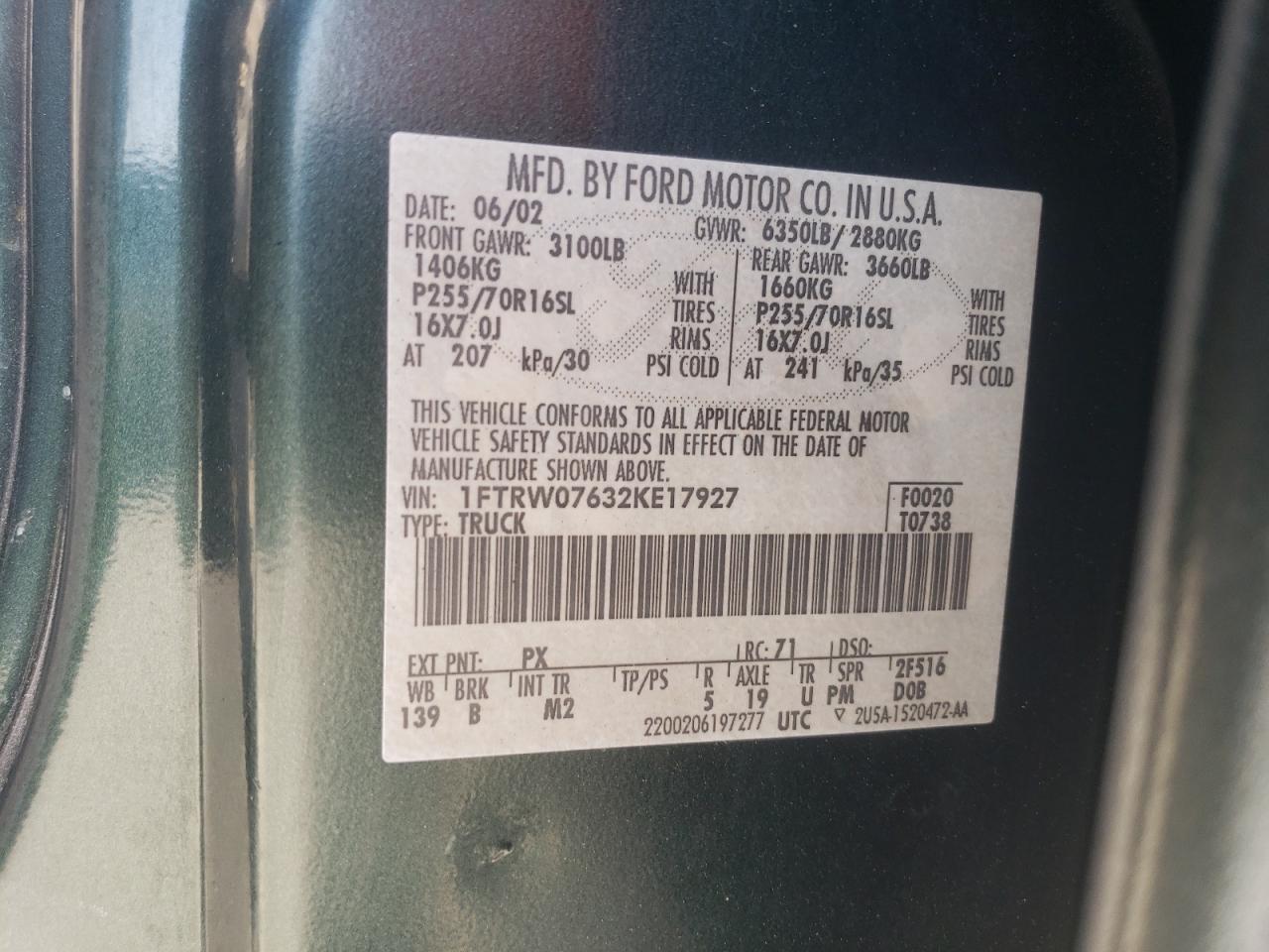 2002 Ford F150 Supercrew VIN: 1FTRW07632KE17927 Lot: 73506174