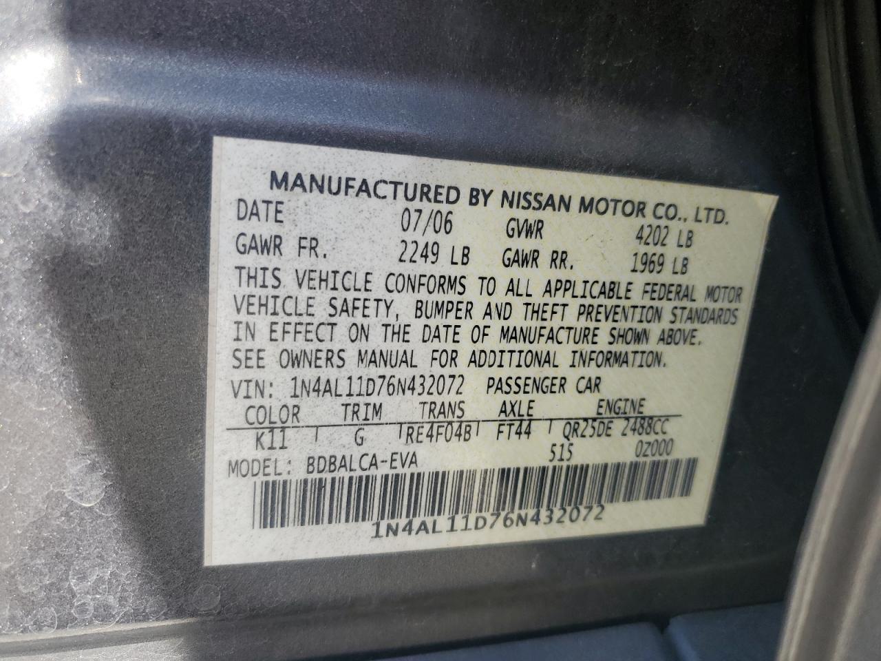 1N4AL11D76N432072 2006 Nissan Altima S