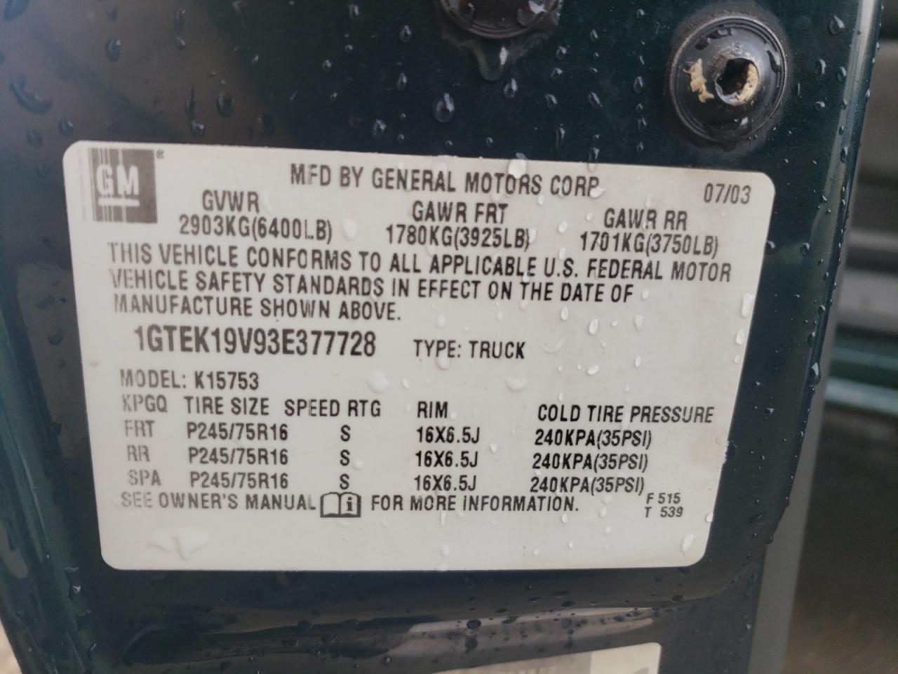 1GTEK19V93E377728 2003 GMC New Sierra K1500