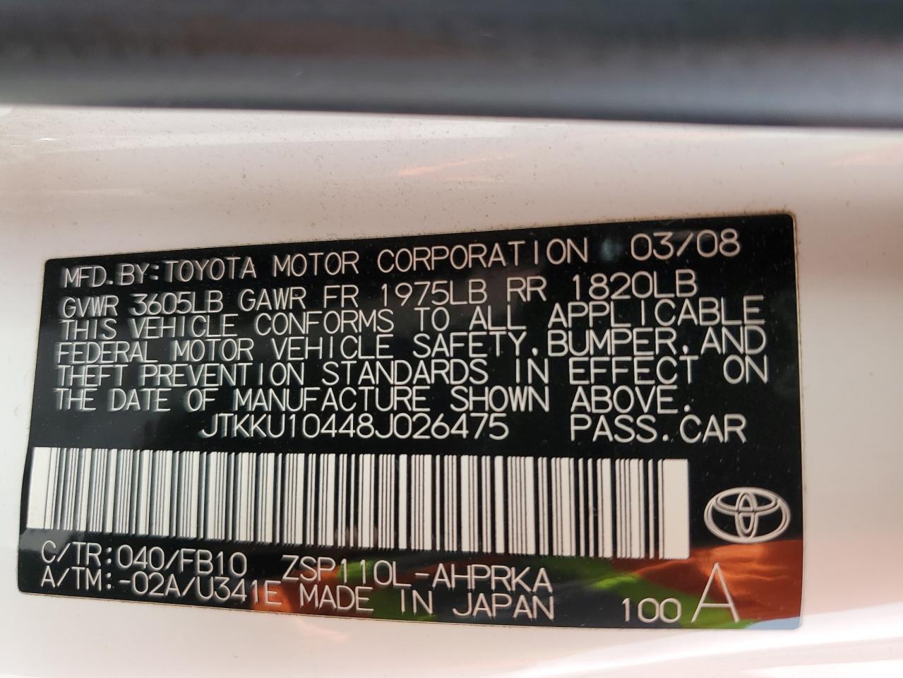 2008 Toyota Scion Xd VIN: JTKKU10448J026475 Lot: 72019184