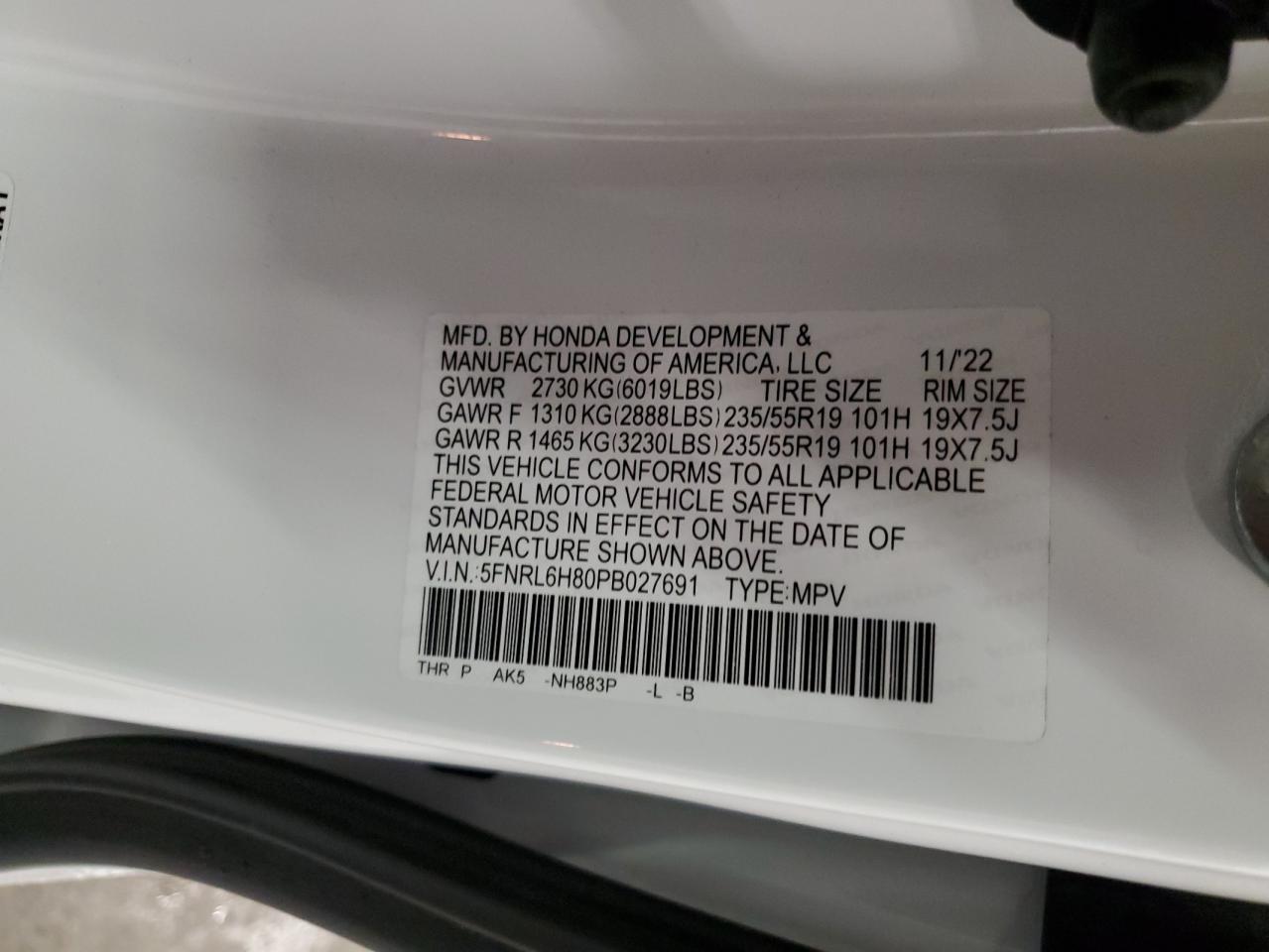 5FNRL6H80PB027691 2023 Honda Odyssey Touring