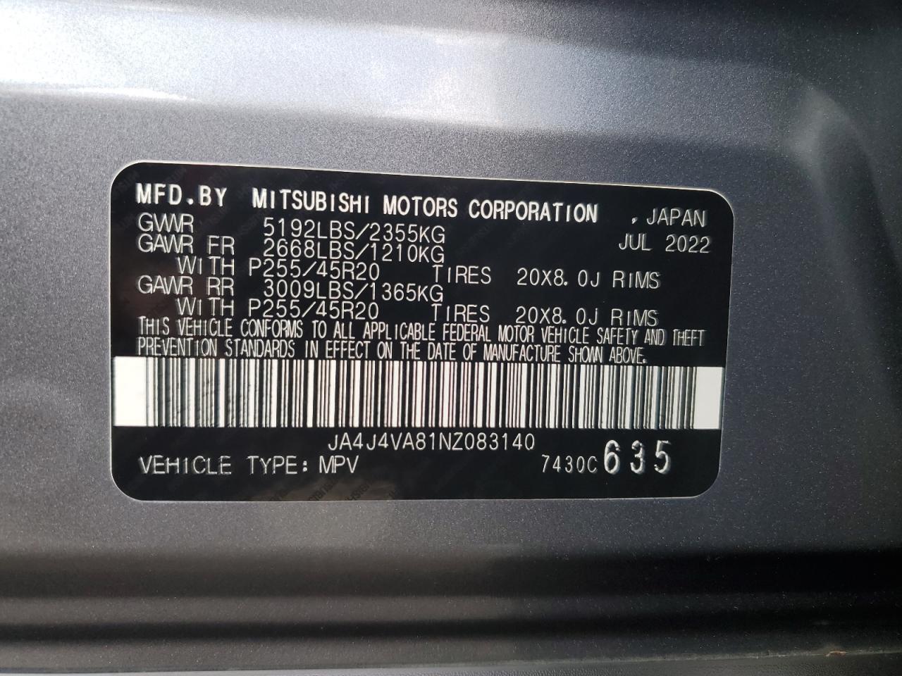 JA4J4VA81NZ083140 2022 Mitsubishi Outlander Sel