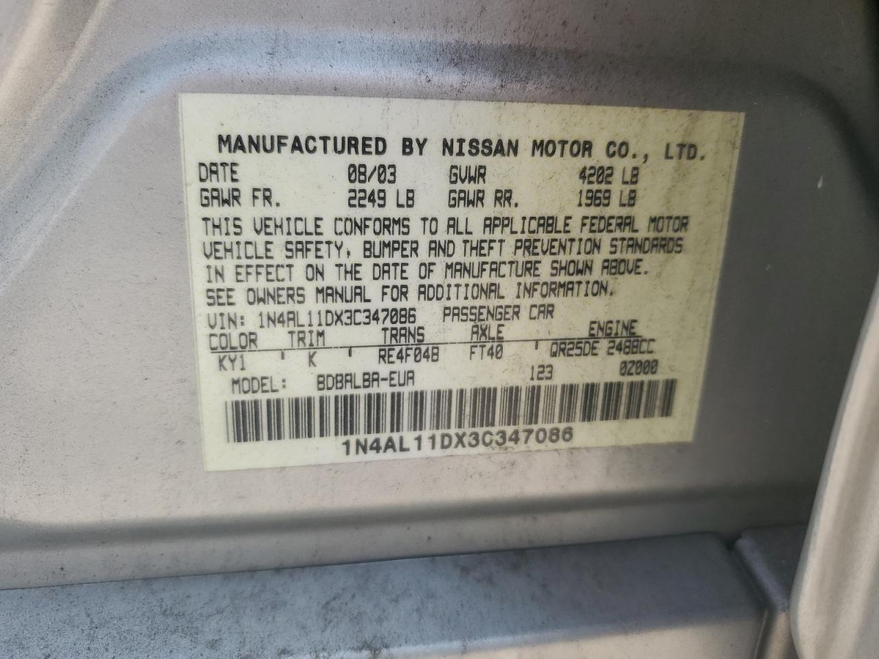 1N4AL11DX3C347086 2003 Nissan Altima Base