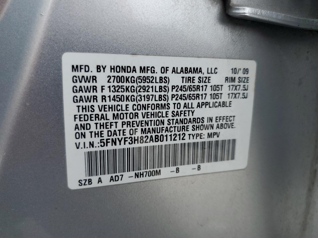 5FNYF3H82AB011212 2010 Honda Pilot Touring