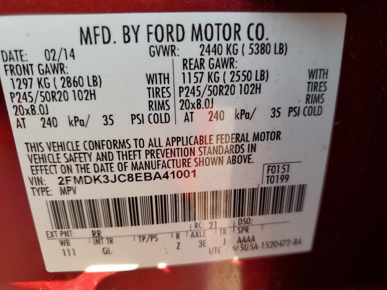 2014 Ford Edge Sel VIN: 2FMDK3JC8EBA41001 Lot: 72610214