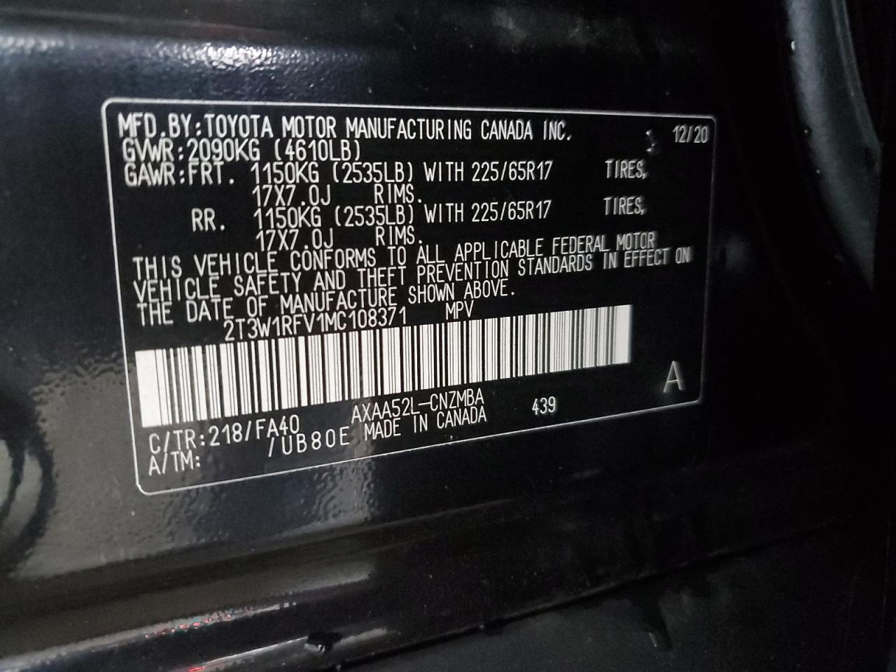 2T3W1RFV1MC108371 2021 Toyota Rav4 Xle