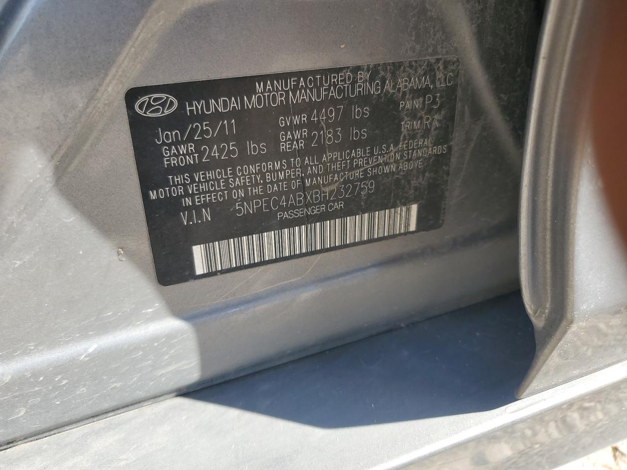 5NPEC4ABXBH232759 2011 Hyundai Sonata Se