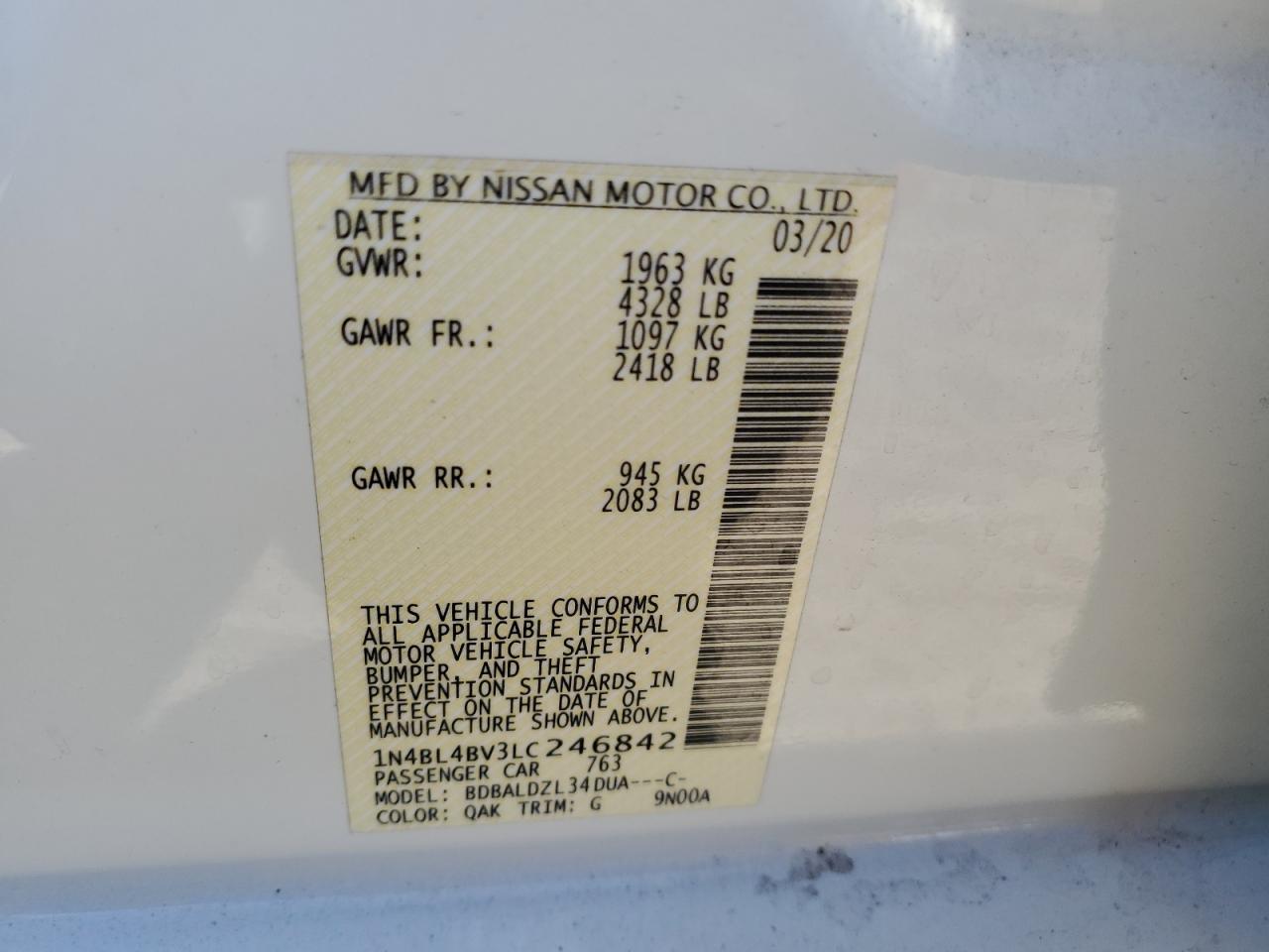 1N4BL4BV3LC246842 2020 Nissan Altima S