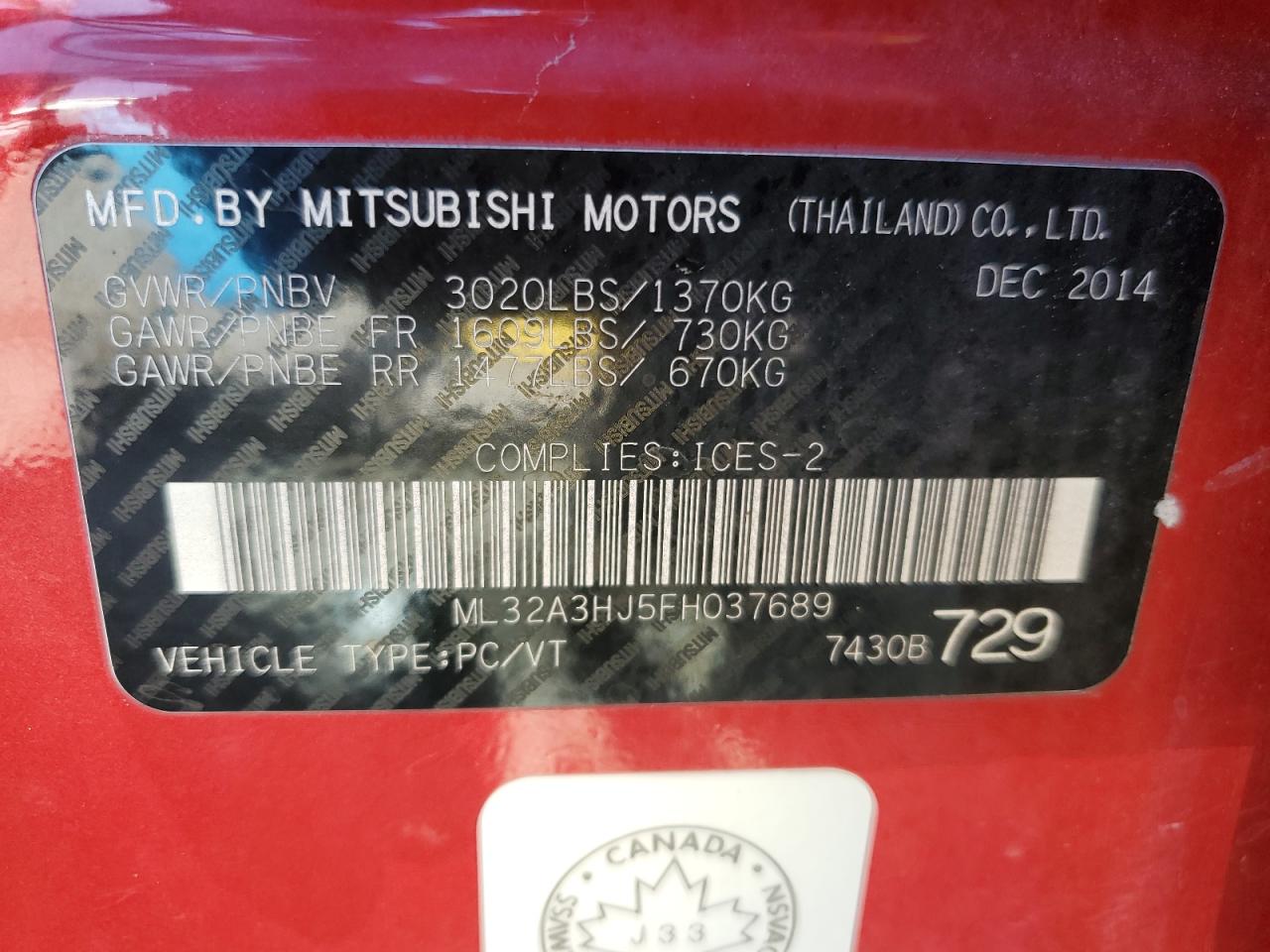 2015 Mitsubishi Mirage De VIN: ML32A3HJ5FH037689 Lot: 70970104