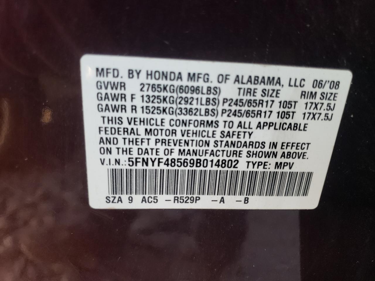 5FNYF48569B014802 2009 Honda Pilot Exl