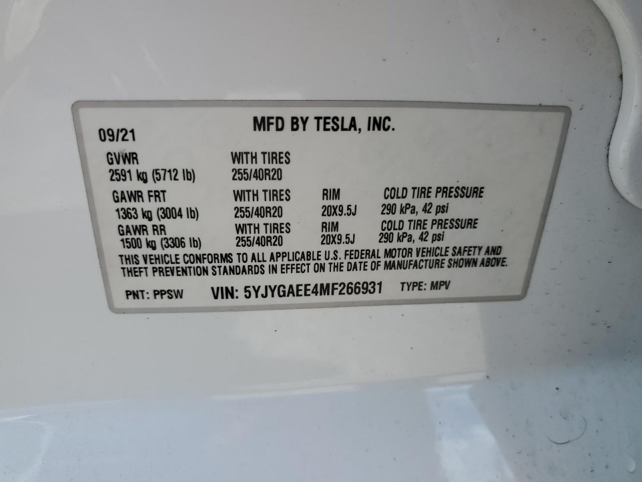 5YJYGAEE4MF266931 2021 Tesla Model Y