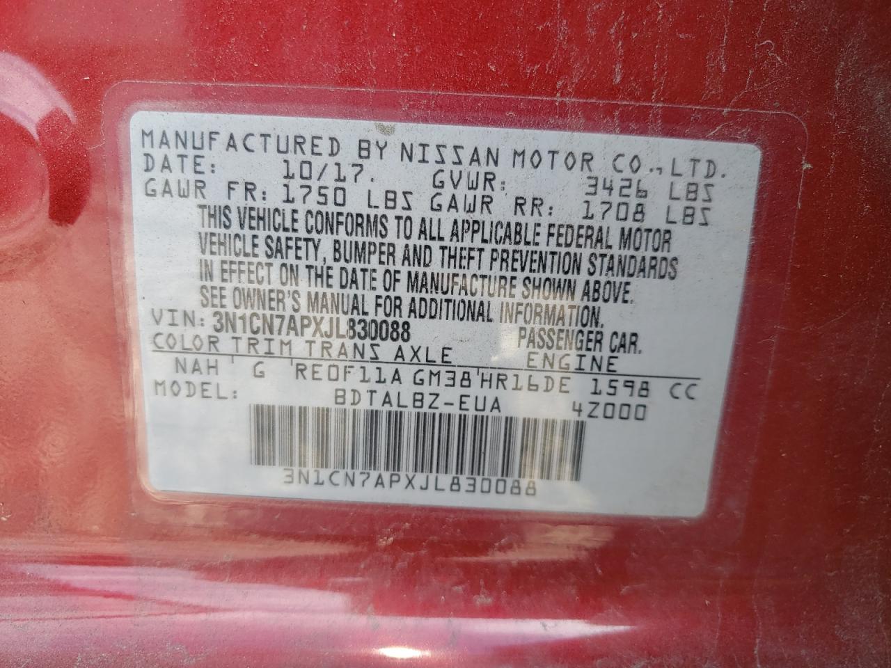 3N1CN7APXJL830088 2018 Nissan Versa S