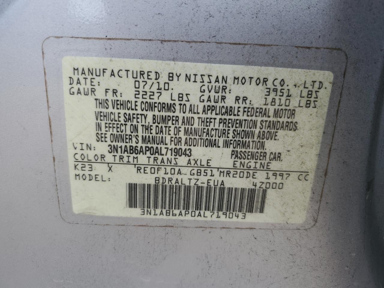 3N1AB6AP0AL719043 2010 Nissan Sentra 2.0