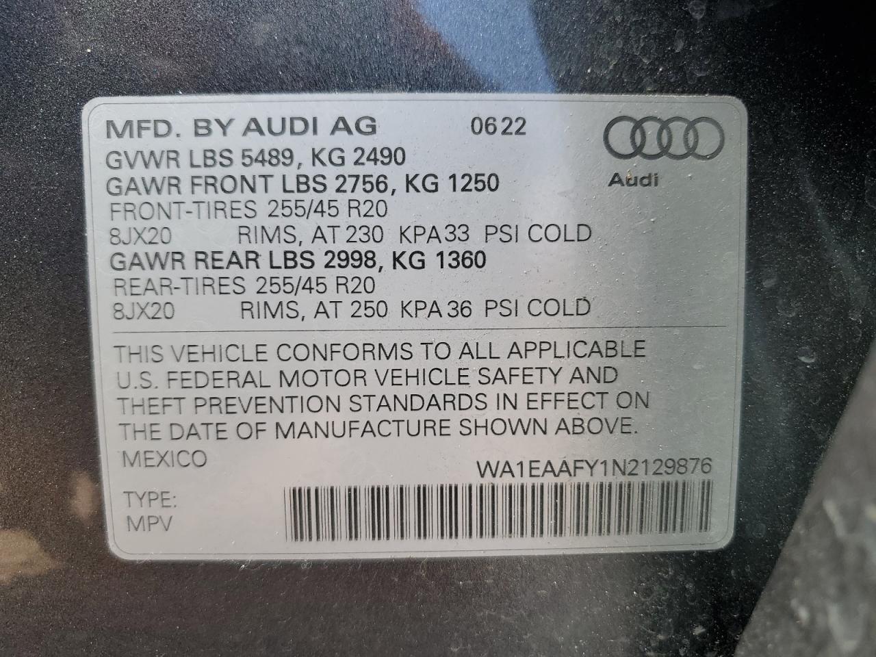 2022 Audi Q5 Premium Plus 45 VIN: WA1EAAFY1N2129876 Lot: 72466644