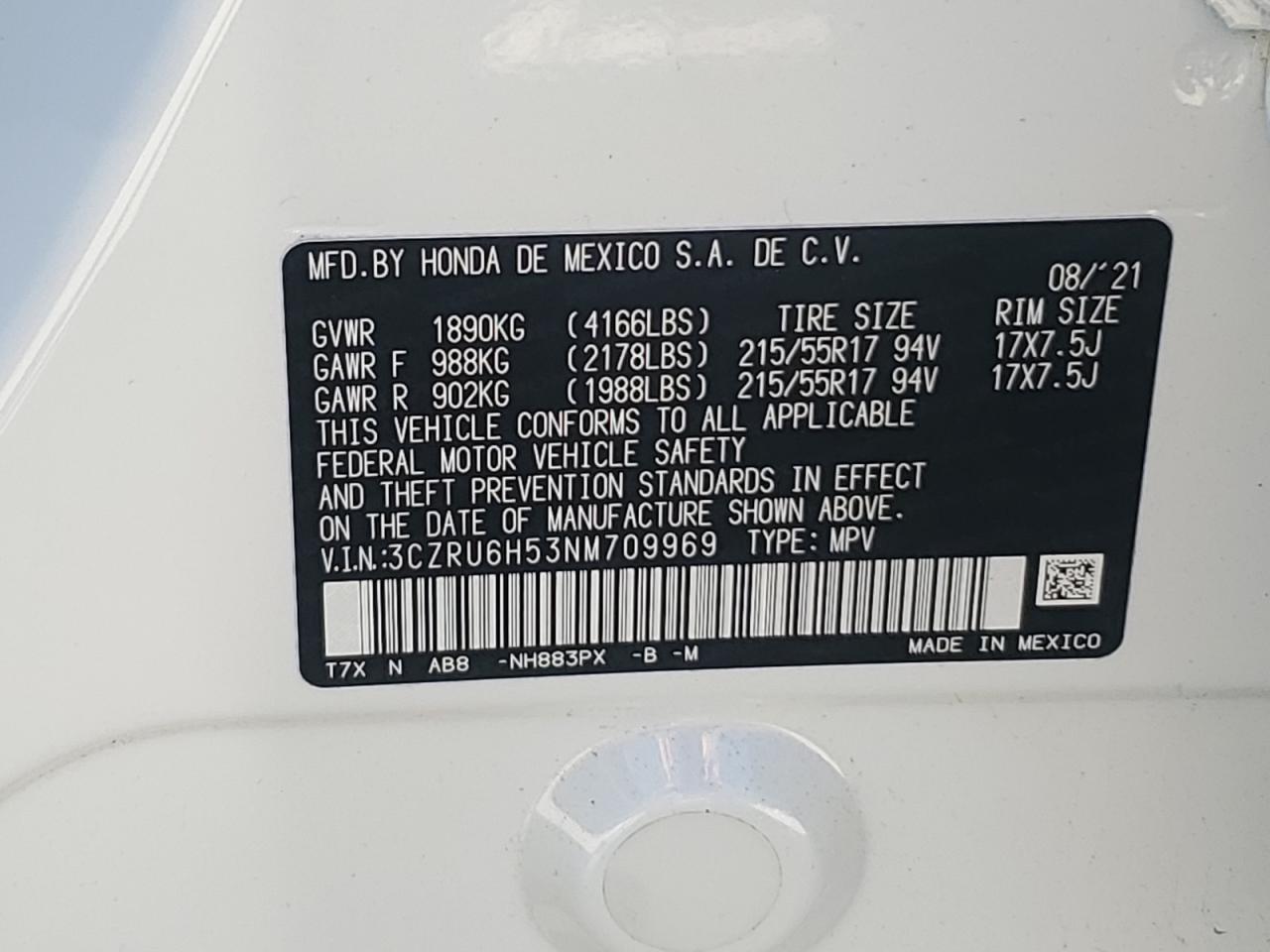 3CZRU6H53NM709969 2022 Honda Hr-V Ex