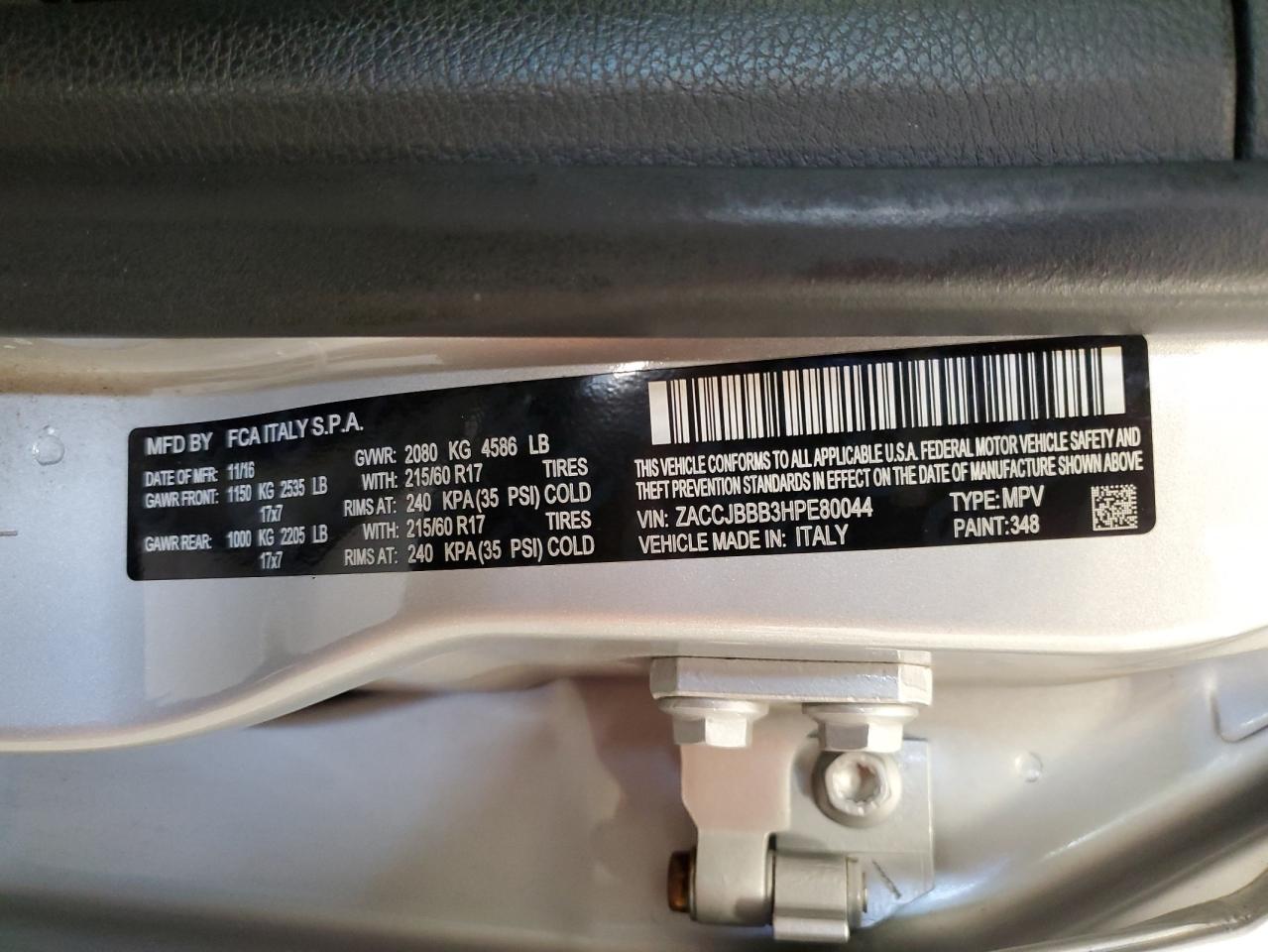 2017 Jeep Renegade Latitude VIN: ZACCJBBB3HPE80044 Lot: 73238164