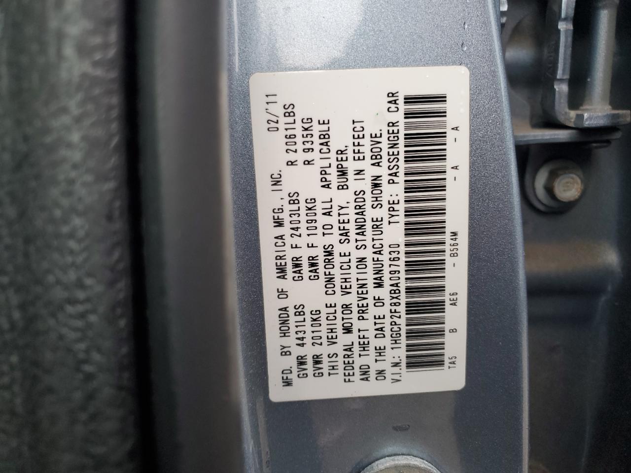 1HGCP2F8XBA097630 2011 Honda Accord Exl