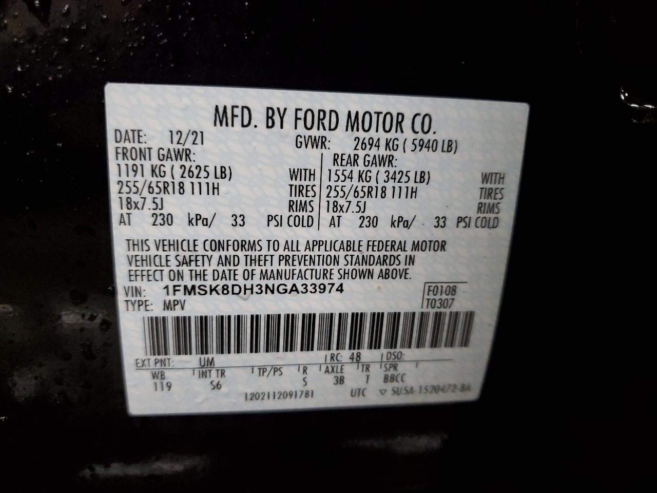 1FMSK8DH3NGA33974 2022 Ford Explorer Xlt