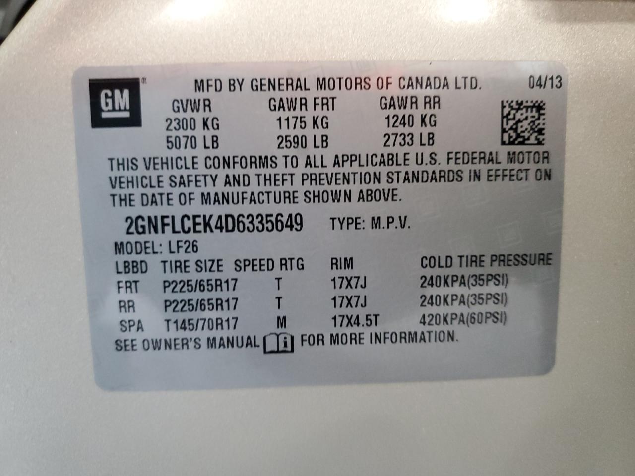 2013 Chevrolet Equinox Ls VIN: 2GNFLCEK4D6335649 Lot: 70781754