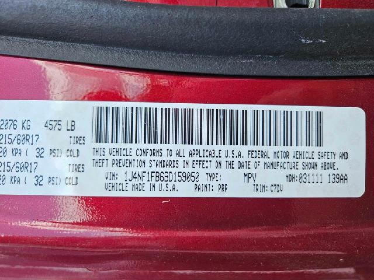 2011 Jeep Compass Sport VIN: 1J4NF1FB6BD159050 Lot: 70137814