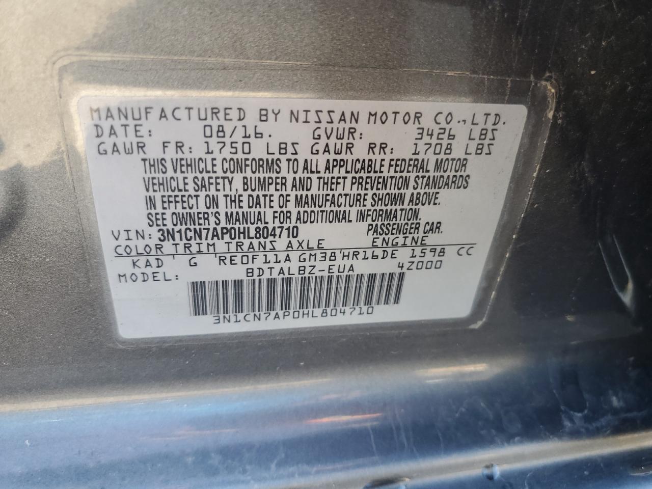 3N1CN7AP0HL804710 2017 Nissan Versa S