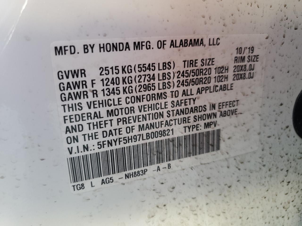 2020 Honda Pilot Touring VIN: 5FNYF5H97LB009821 Lot: 70979274