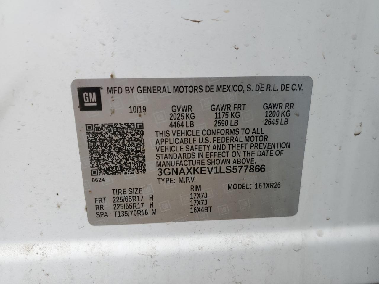 3GNAXKEV1LS577866 2020 Chevrolet Equinox Lt