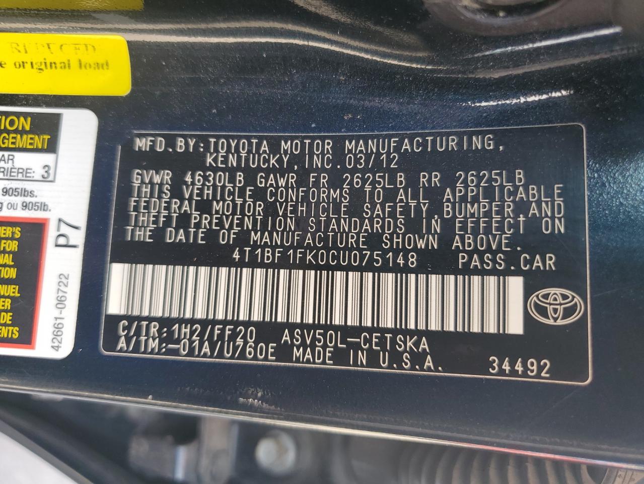 4T1BF1FK0CU075148 2012 Toyota Camry Base