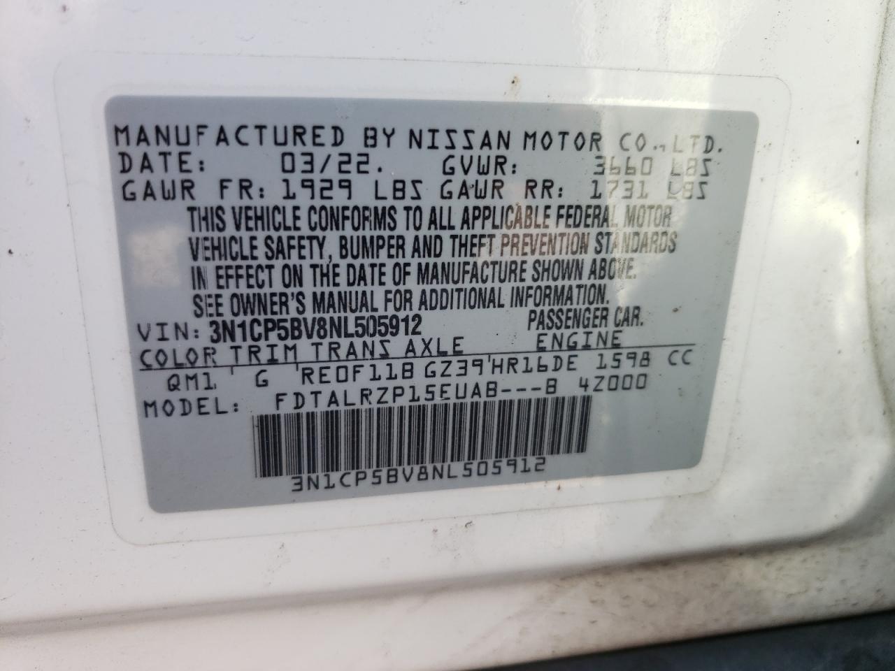 VIN 3N1CP5BV8NL505912 2022 NISSAN KICKS no.12