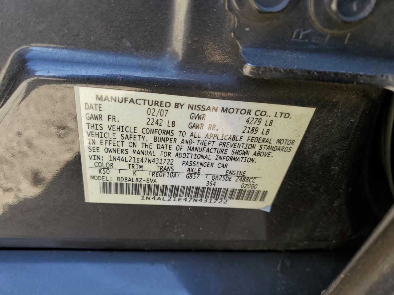 1N4AL21E47N431722 2007 Nissan Altima 2.5