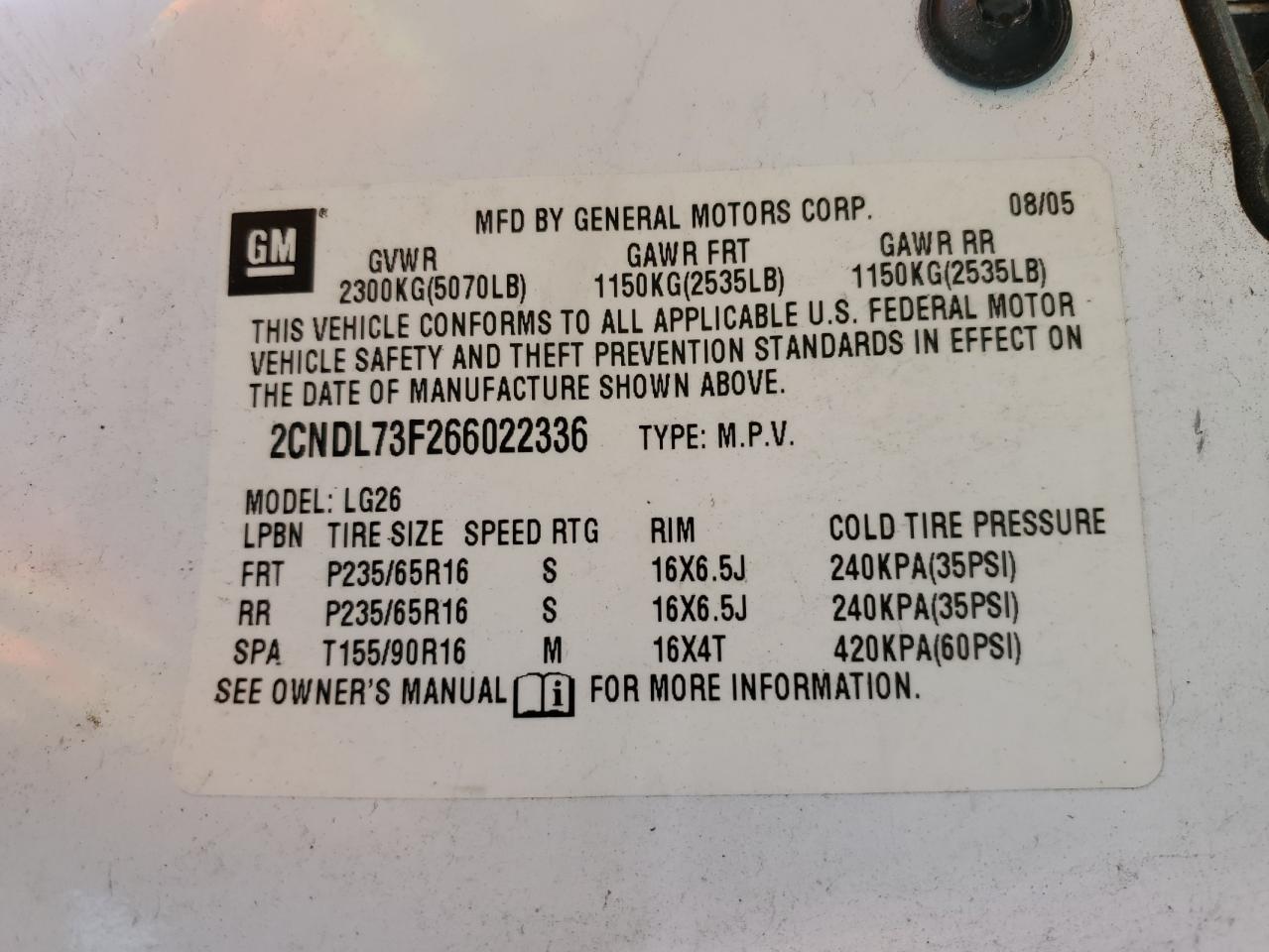 2CNDL73F266022336 2006 Chevrolet Equinox Lt