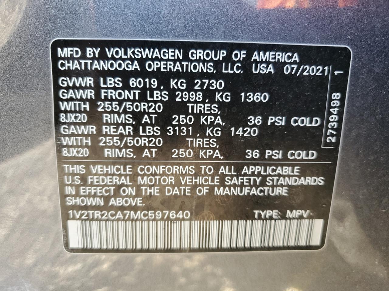 1V2TR2CA7MC597640 2021 Volkswagen Atlas Sel Premium