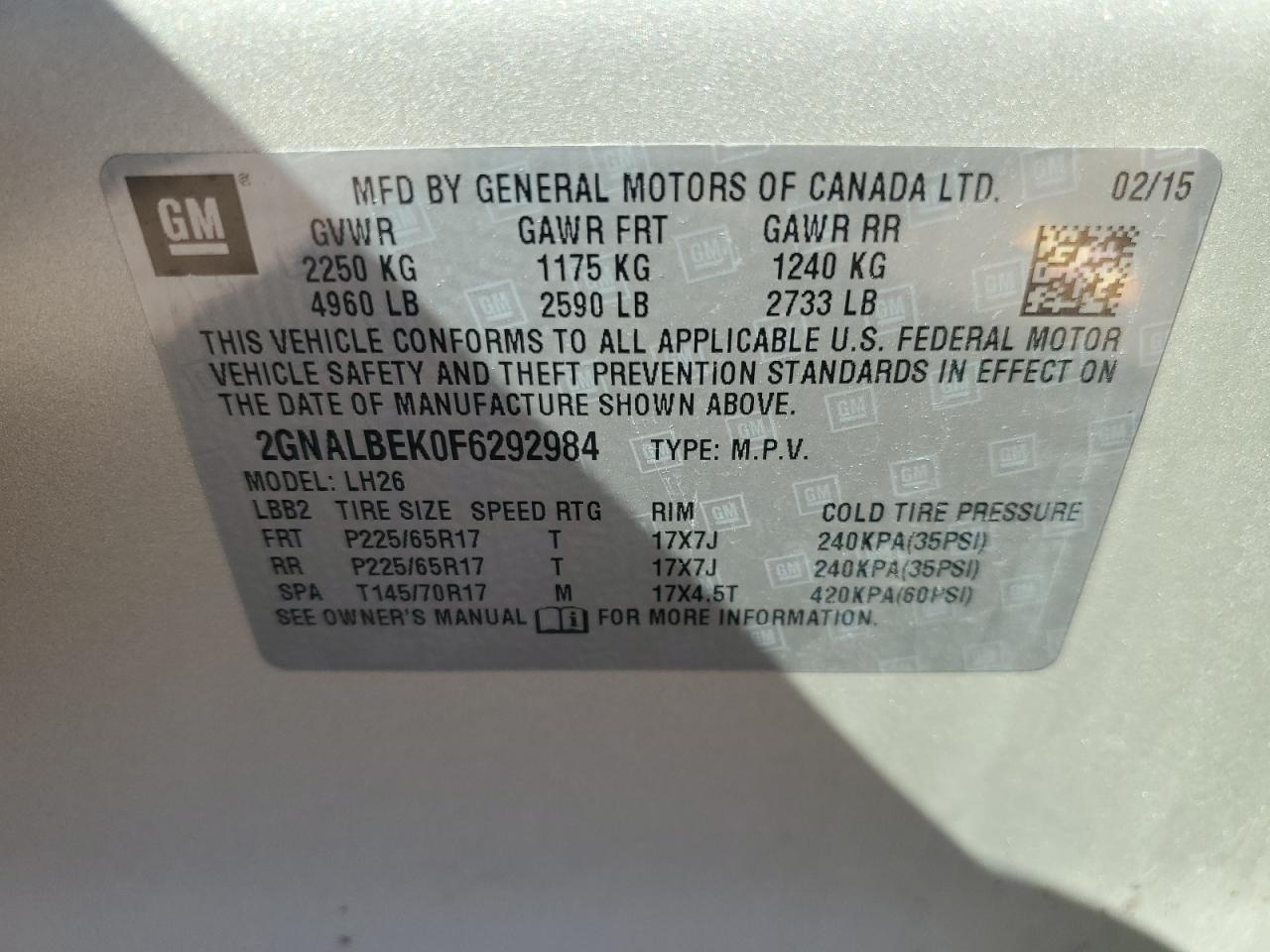 2GNALBEK0F6292984 2015 Chevrolet Equinox Lt